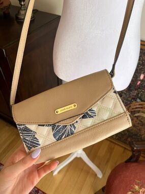 Anne Klein Tan and Navy Leaf-Print Quilted Crossbody